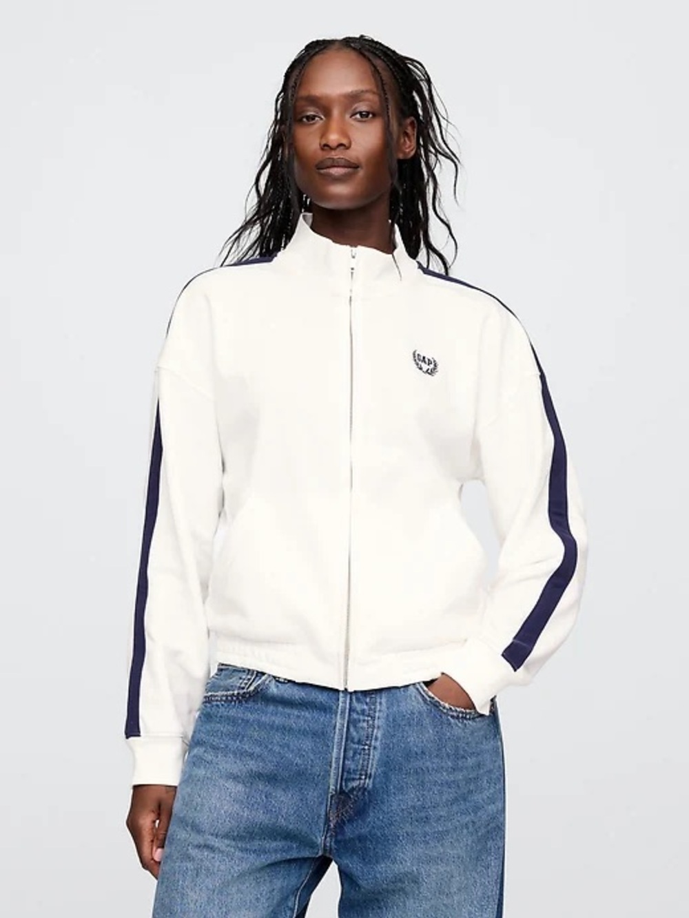 GAP White Bomber Jacket with Navy Stripes